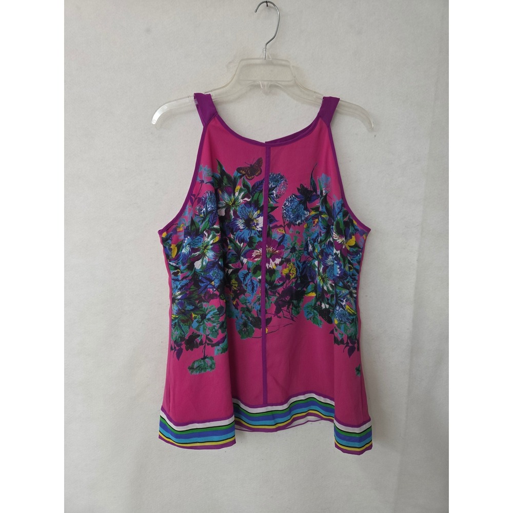 Nicole by Nicole Miller Pink Floral Butterfly Striped Hem Tank Top Blouse Large